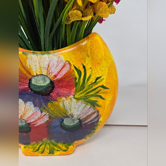 Italian Hand Made Flower Vase Bright Bold Hand Painted Flowers Yellow Orange - Picture 3 of 14